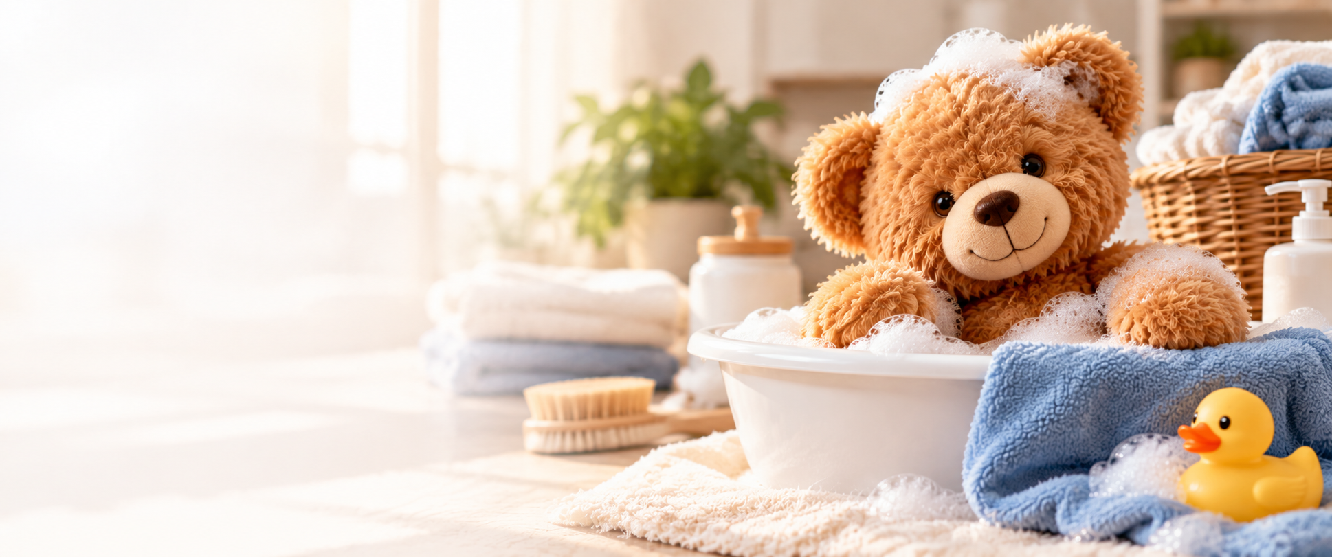 Teddy bear being gently washed with towels and care supplies